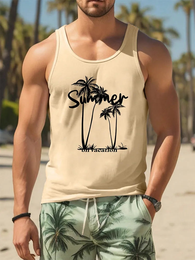 Men's Hawaiian style sleeveless tank top in polyester pinhole cloth showing solid colour option