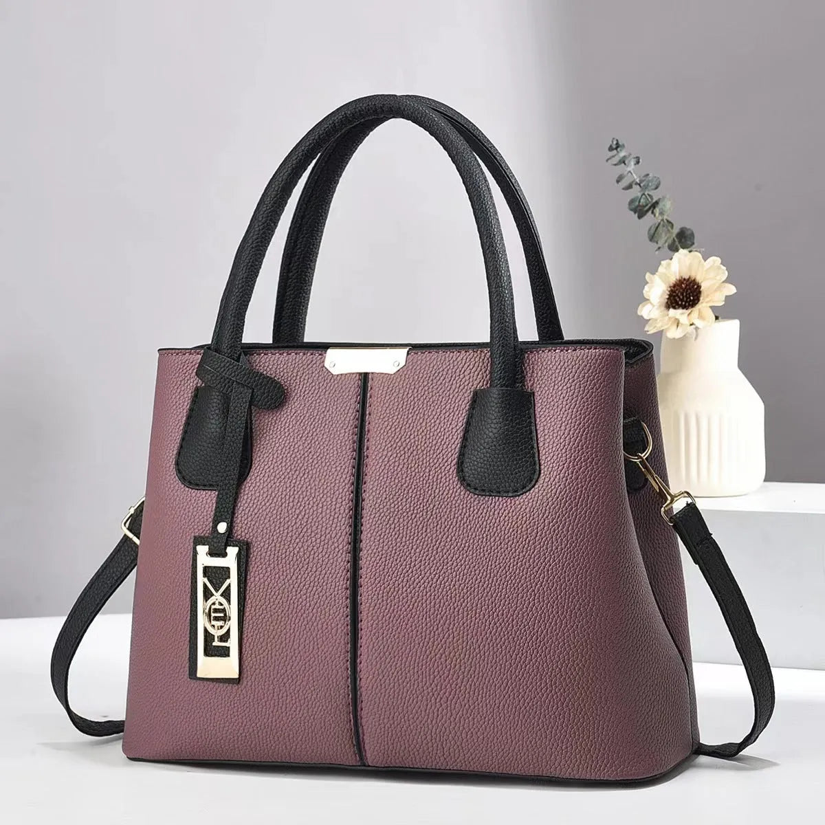 Women's large capacity square shoulder bag in soft PU leather with leather strap