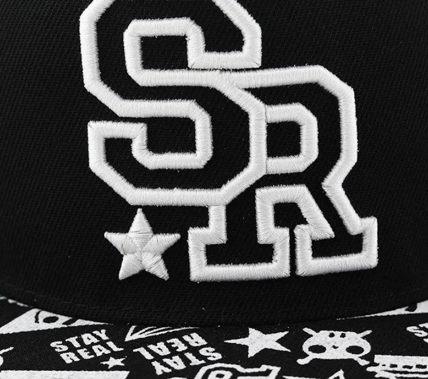 Cotton baseball cap with letter embroidery in black or white colours, showing adjustable strap and dome crown