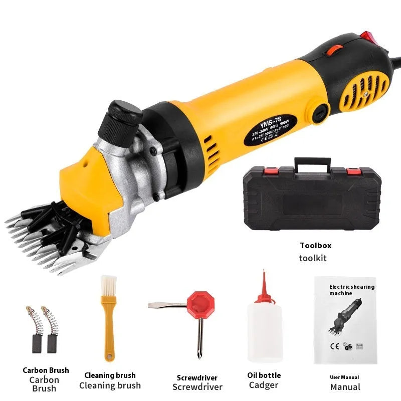 Yellow electric wool shearing plug-in unit with multiple cutting comb sets and maintenance accessories