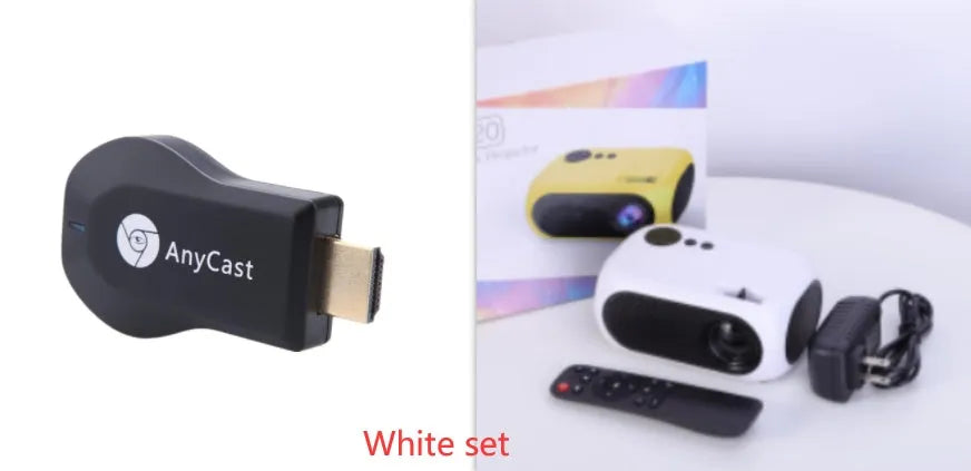 M24 micro mini projector in gold or white colour with power adapter and AV cable