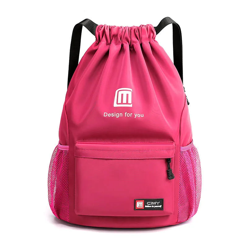 Oxford waterproof drawstring travel backpack in multiple colours showing foldable design and shoulder straps