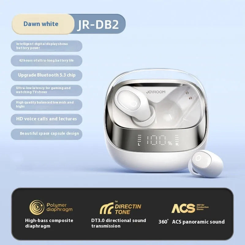 Wireless in-ear noise reduction headphones in beige, black, or purple with a matching charging case.