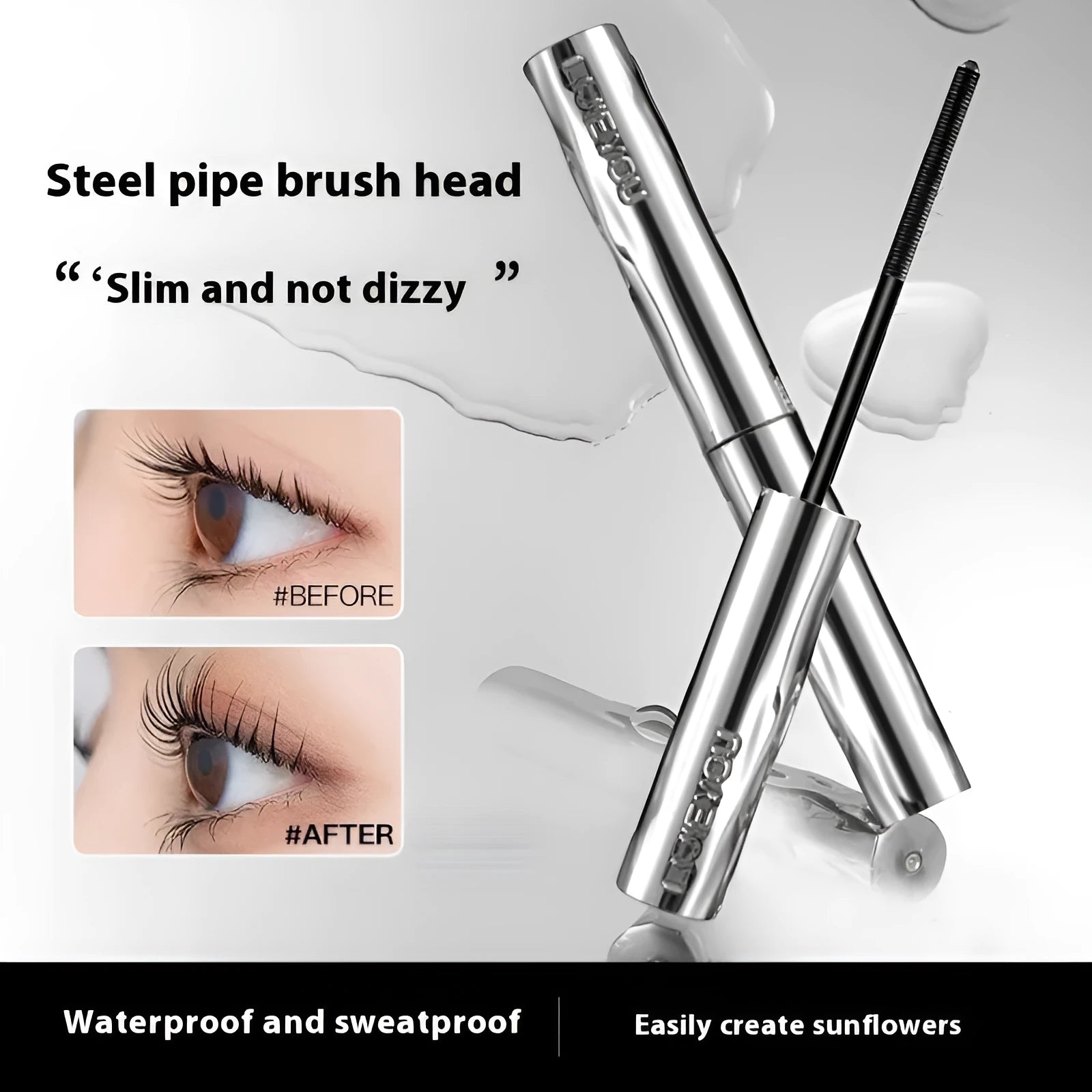 Waterproof mascara in steel tube with black and brown colour options
