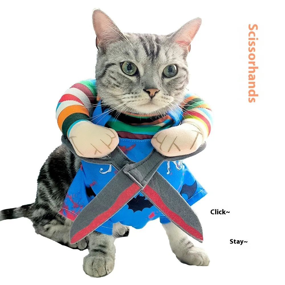 Pet Halloween costume scissor hand suit with adjustable straps on a cat, polyester, size S-XL