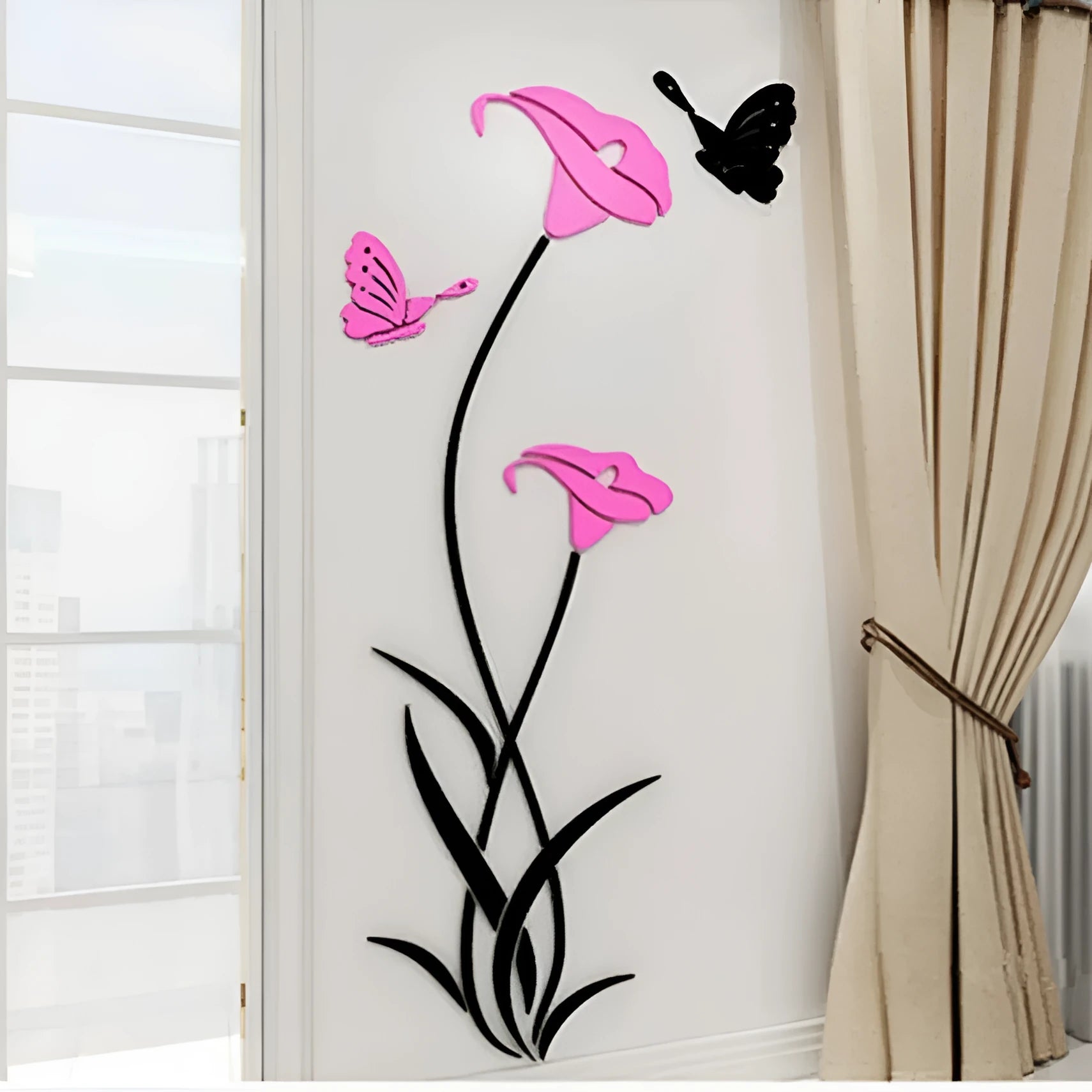 Lily flower 3D acrylic wall sticker in pink colour applied to a white wall