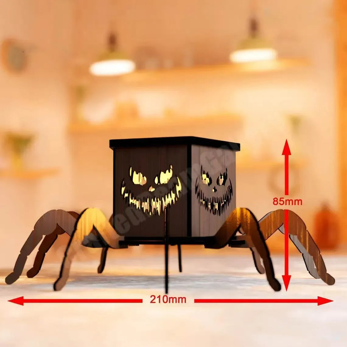 Wooden Halloween spider mini lantern candlestick decoration 21x8.5cm