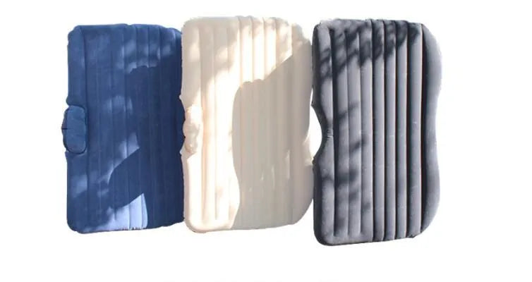 Thick flocking inflatable car air bed set with pump and pillows for five-seater vehicles.