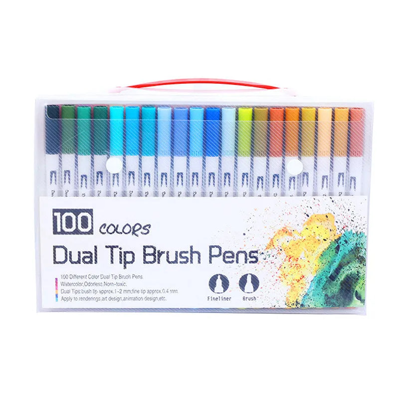 Watercolour pen sets in plastic cases showing 48, 60, 72, and 100 colour options for artists