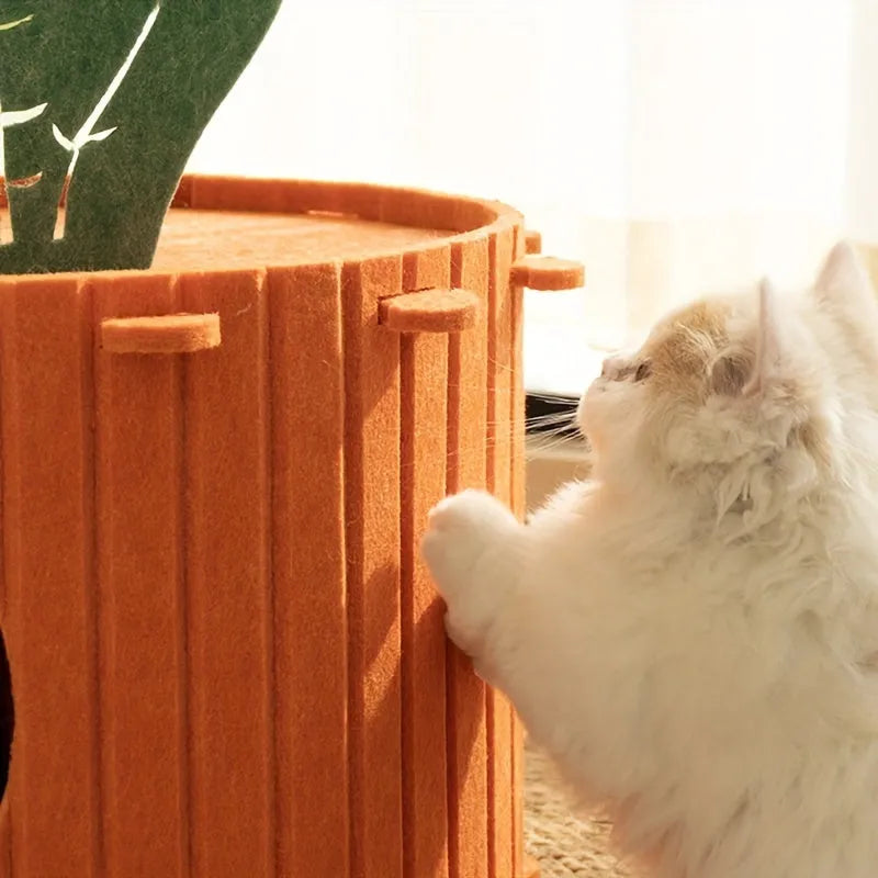 Carrot-shaped cat tunnel in thick felt fabric with semi-enclosed design for indoor cat privacy