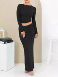 Women's sweet style two-piece suit set with long skirt and three-quarter sleeve top