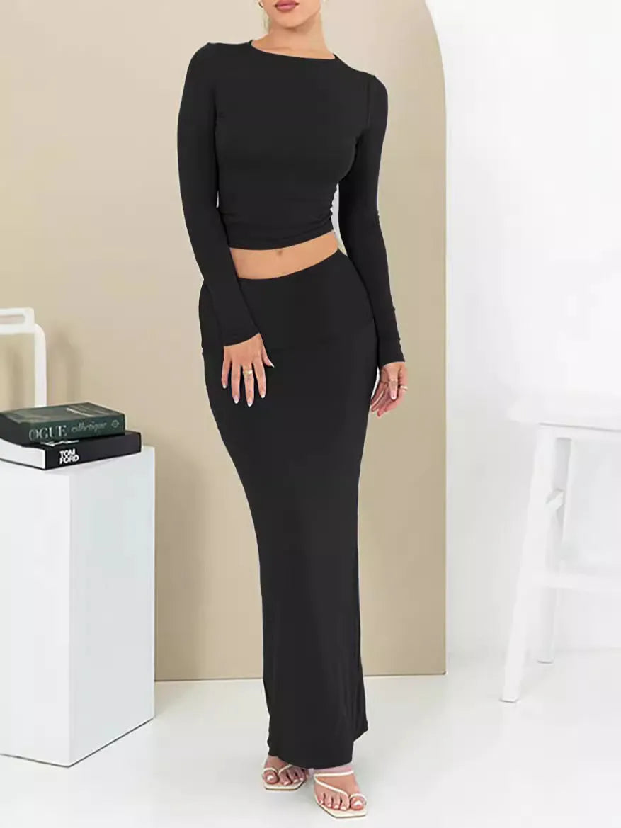Women's sweet style two-piece suit set with long skirt and three-quarter sleeve top
