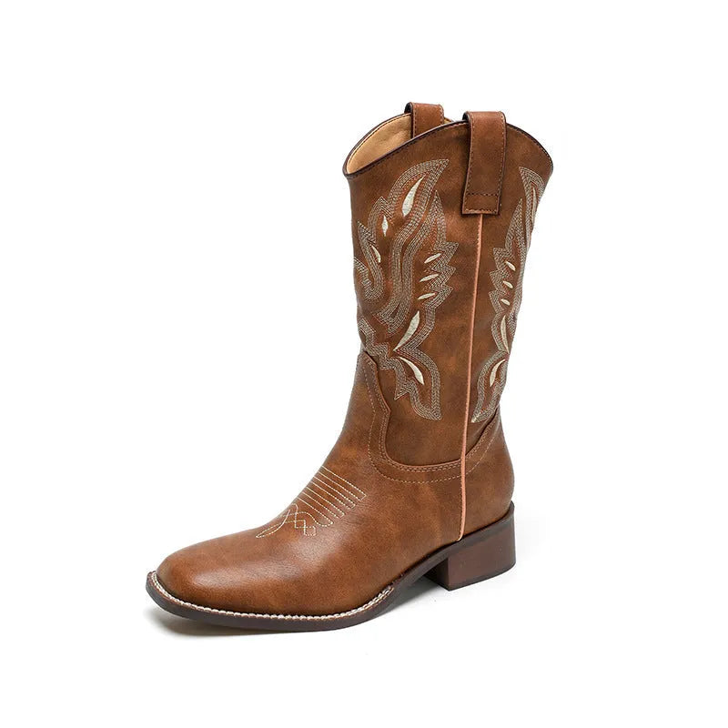 Brown women's mid-calf Martin boots with embroidery pattern and square heel
