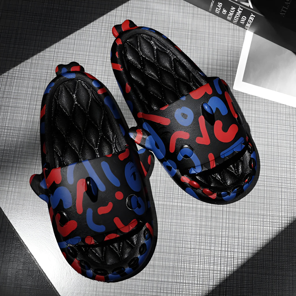 Shark design open-toe EVA home slippers for couples in beige, shown in a large size.