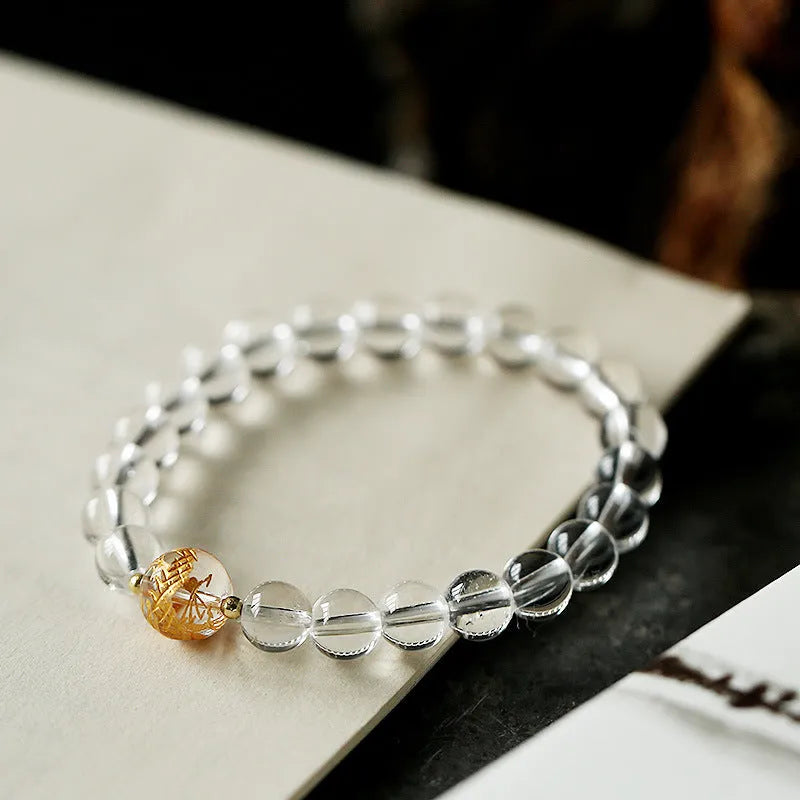 Geometric obsidian white crystal bracelet with black agate beads and adjustable 14-16 cm fit
