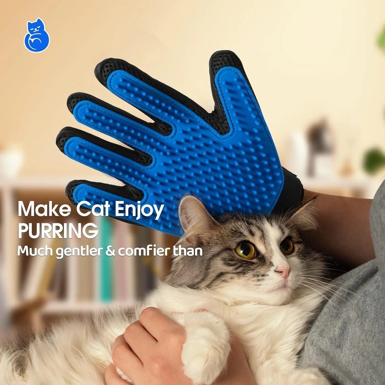 Blue pet grooming glove with silicone tips for brushing dogs and cats