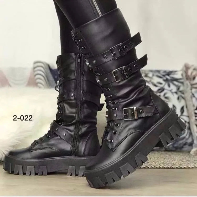 Women's black mid-calf knight boots with a side zip and metal buckle detail on the shaft.