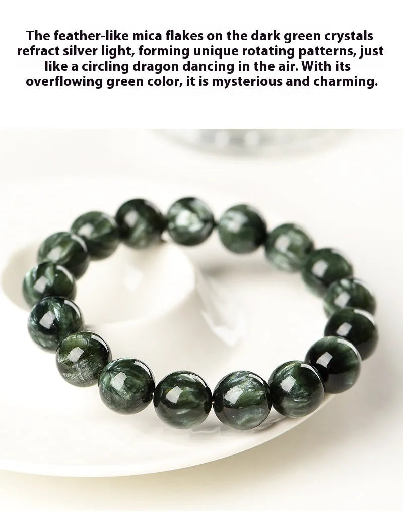 Green dragon crystal bracelet with 8-9mm round beads featuring geometric and Ruyi designs
