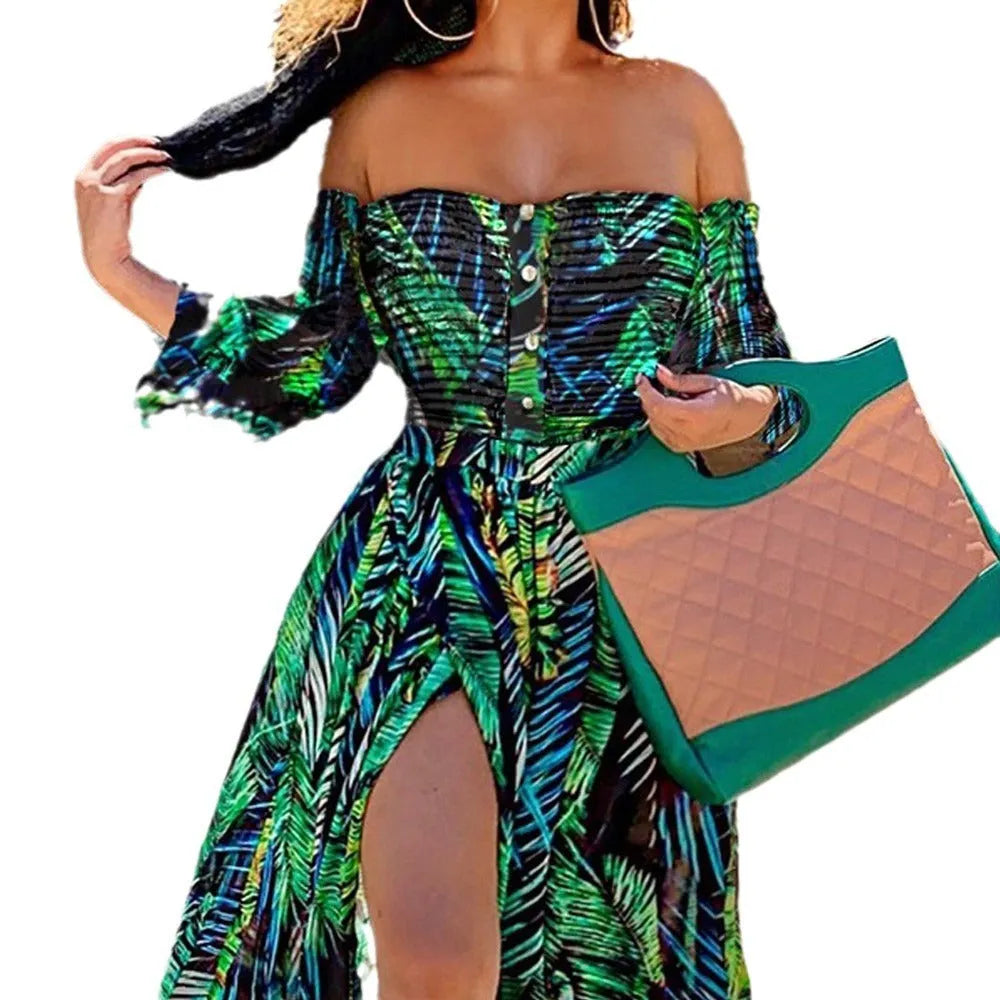 Green polyester mop dress for women with long lantern sleeves, full-length flowing hem, and relaxed fit