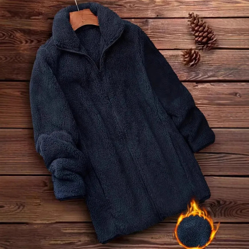 Double-sided velvet fleece jacket in black, shown on a hanger.