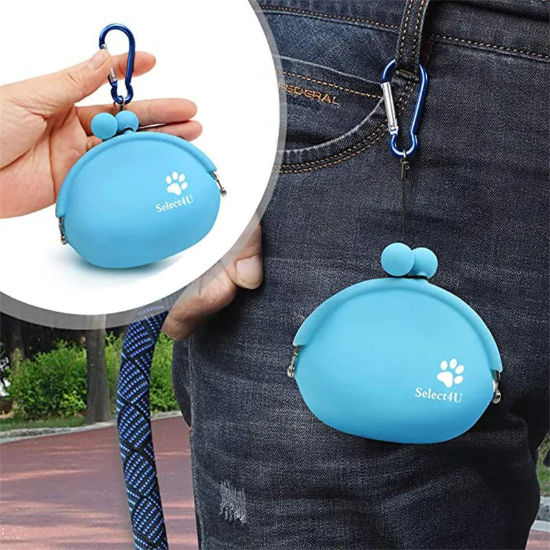 Yellow silicone dog treat pouch attached to waist belt for hands-free training
