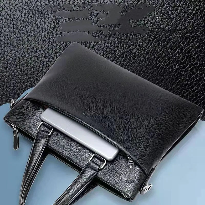 Men's black PU leather messenger bag with crossbody strap and splicing design