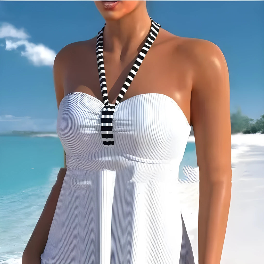 Women's off-shoulder swimsuit in black and white stripes and solid colours