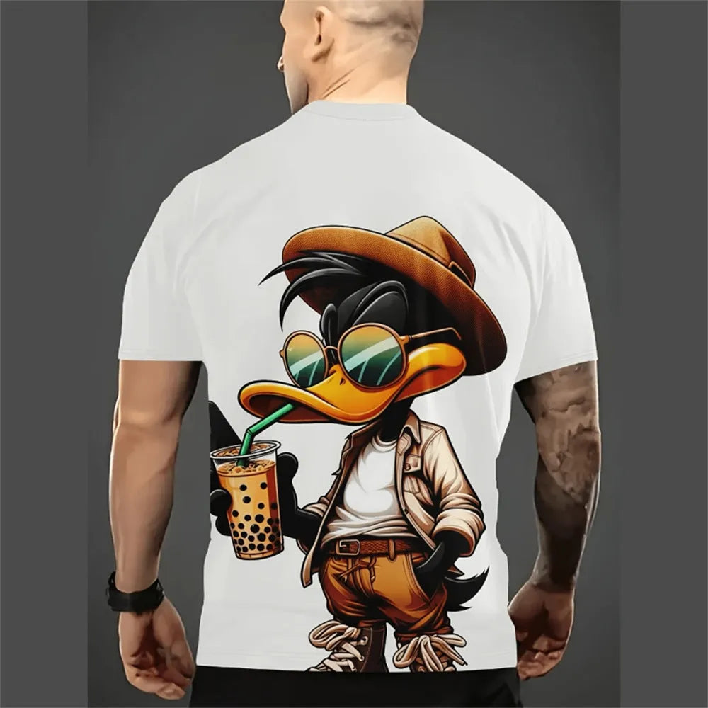 Men's loose fit casual t-shirt with 3D cartoon graphic print in milk silk linen fabric