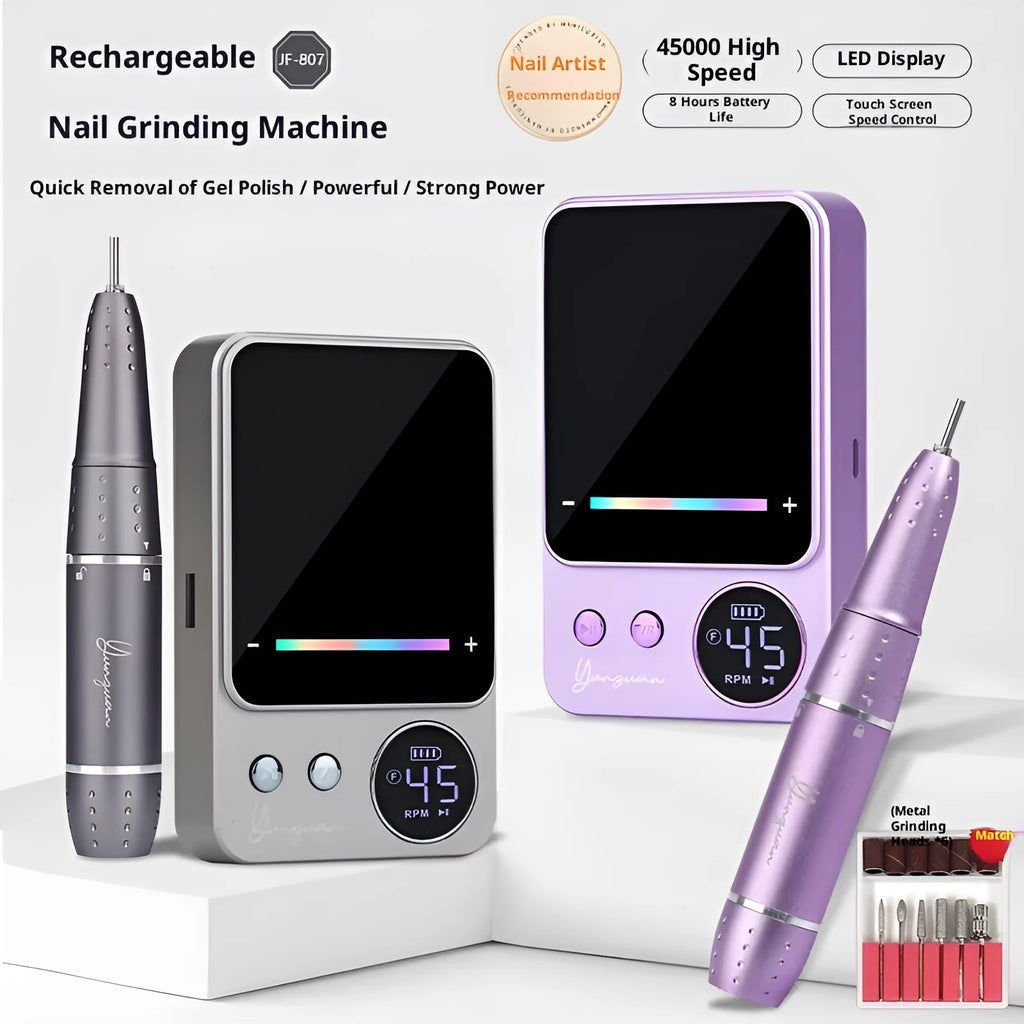 Rechargeable electric nail buffing machine with USB charging in dark gray and purple colours, standard and family versions