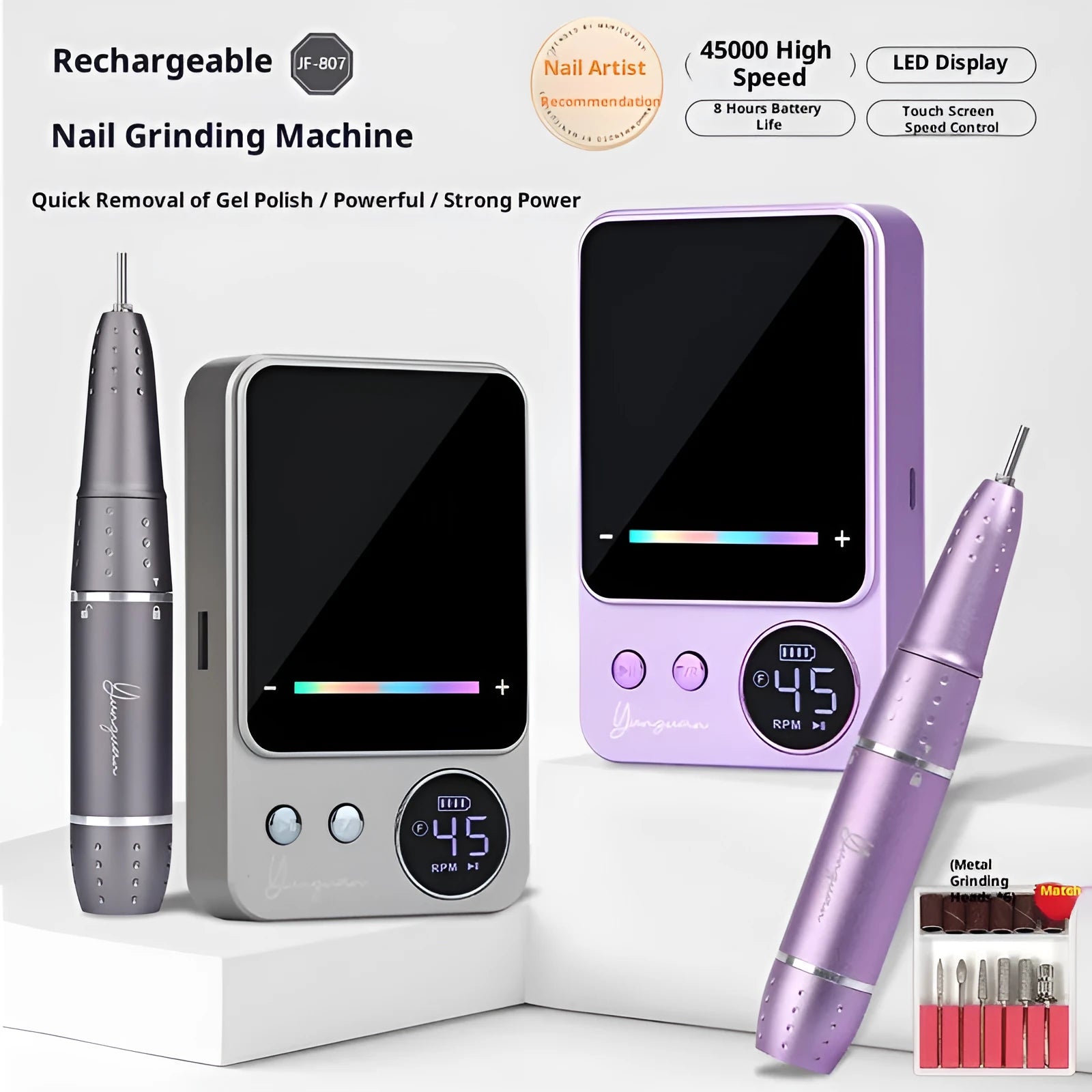 Rechargeable electric nail buffing machine with USB charging in dark gray and purple colours, standard and family versions