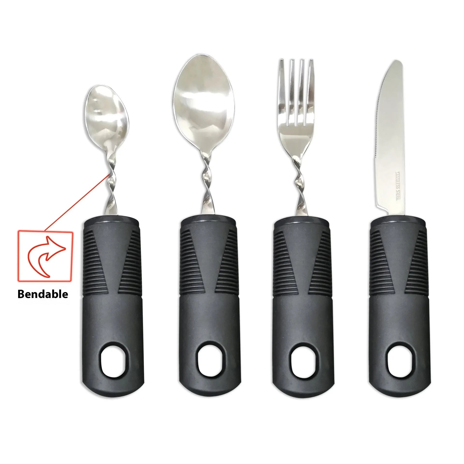 Stainless steel adaptive tableware with rubber handles in black and grey curved and straight designs