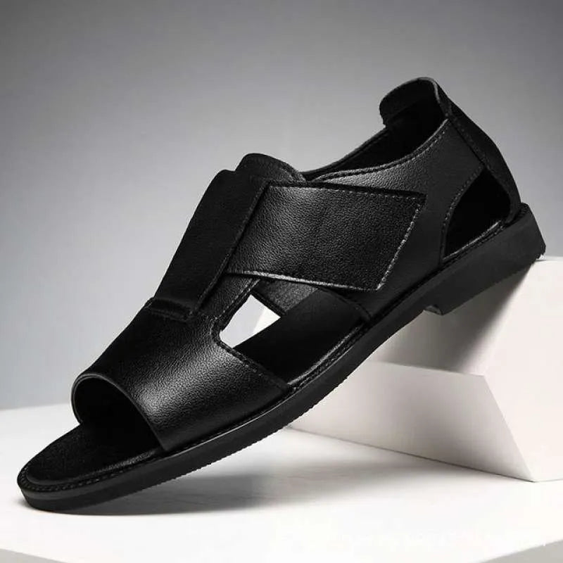 Men's black and brown open-toe leather casual sandals with rubber soles.