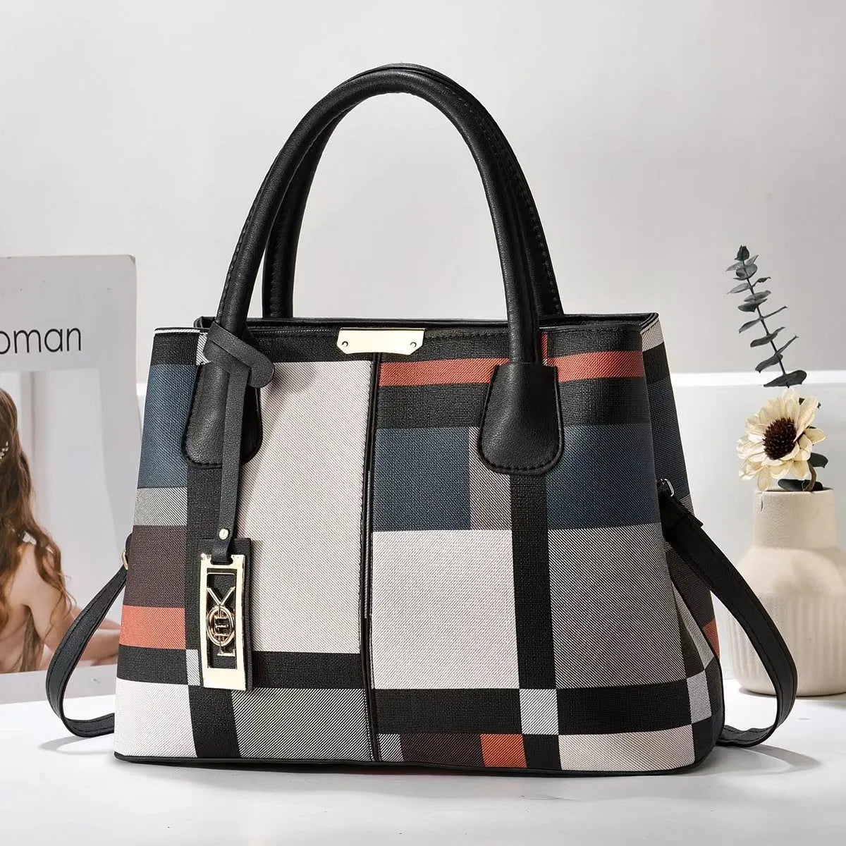 Women's large capacity square shoulder bag in soft PU leather with leather strap