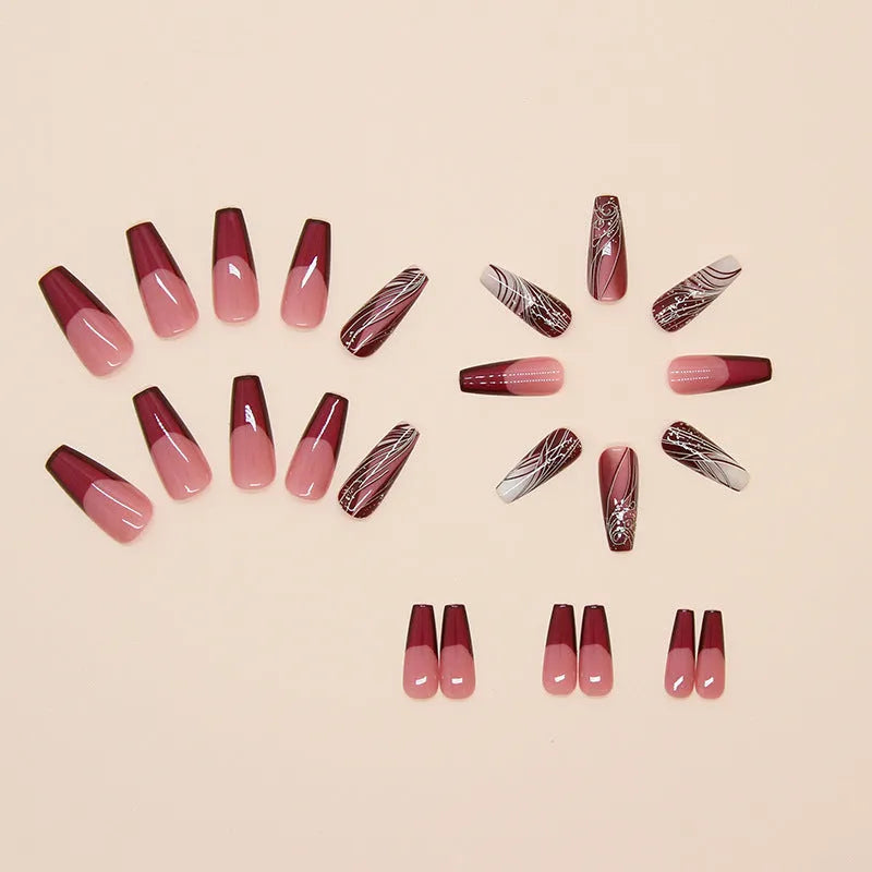 Set of 24 French line pattern press on artificial nails and one tube of glue.