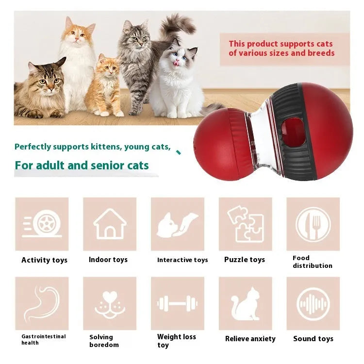Rotating plastic cat toy with a super ball, designed for food dispensing and sound play.