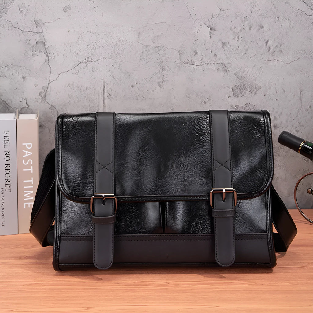 Black Korean style men's backpack with anti-theft function and PU leather construction