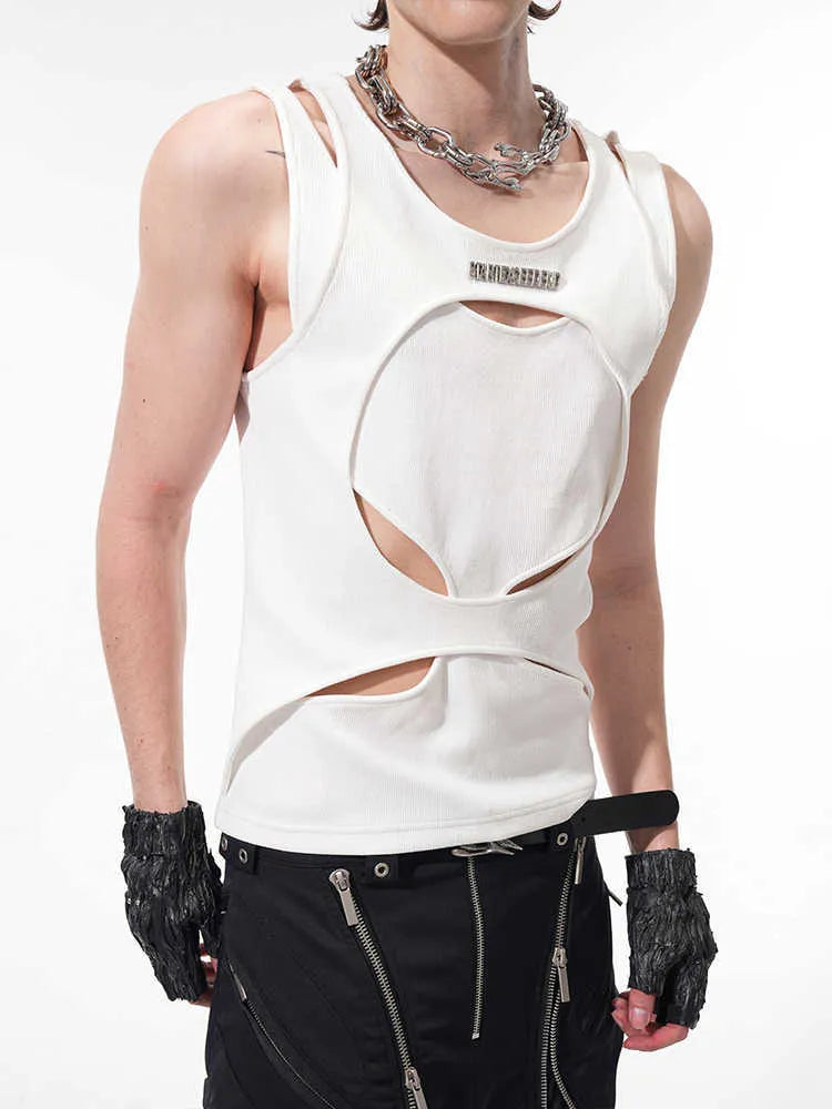 Men's hollow thread sleeveless waistcoat in black or white with round neck pullover design
