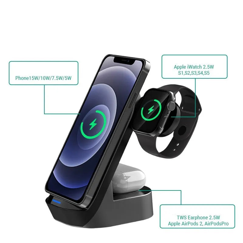Black grey foldable wireless charging stand showing phone vertical charging, watch charging and earbuds case charging