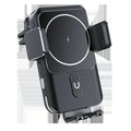 Black car wireless charger phone holder showing clip and suction cup mounting options for 15W Qi charging