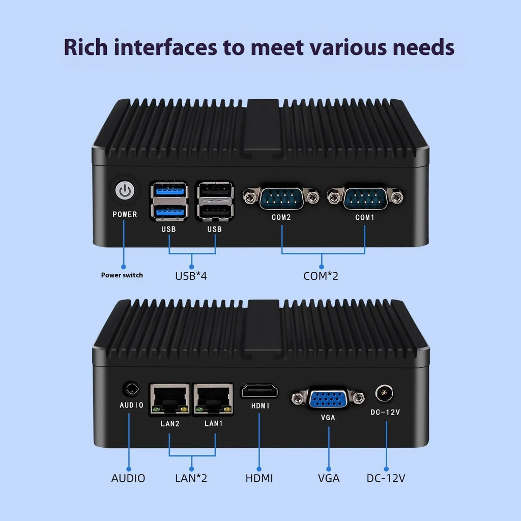 Industrial fanless mini PC with dual Ethernet ports and compact metal chassis
