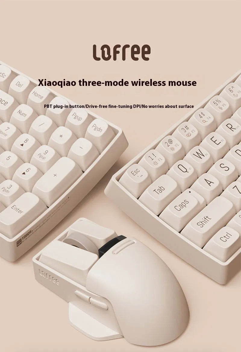 Tofu coloured wireless computer mouse with three connection modes and seven-button configuration.