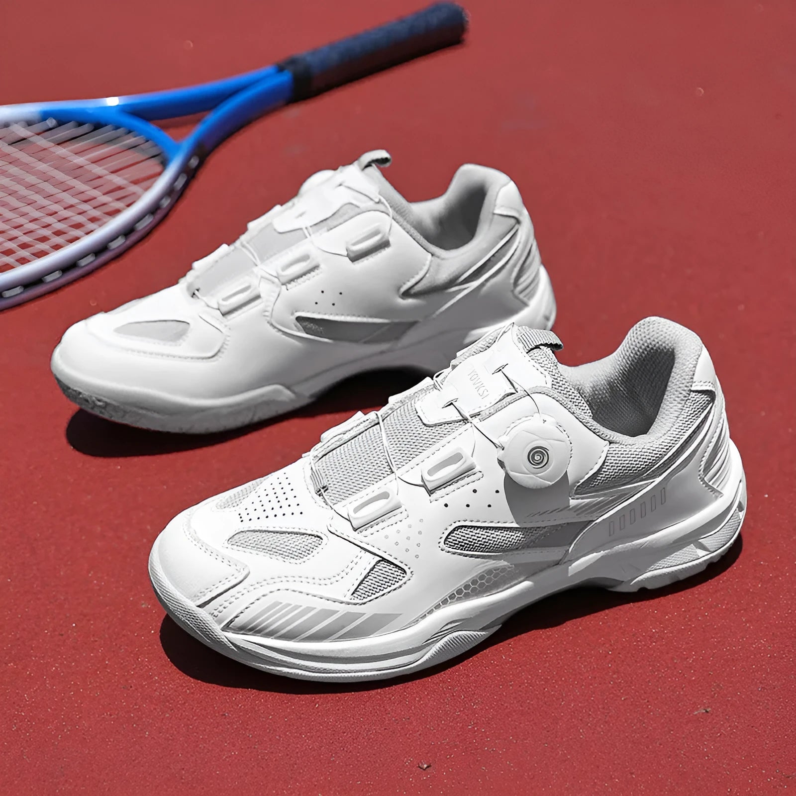 Unisex casual sneakers in yellow, black silver, white blue, and white grey with flat heel and round toe