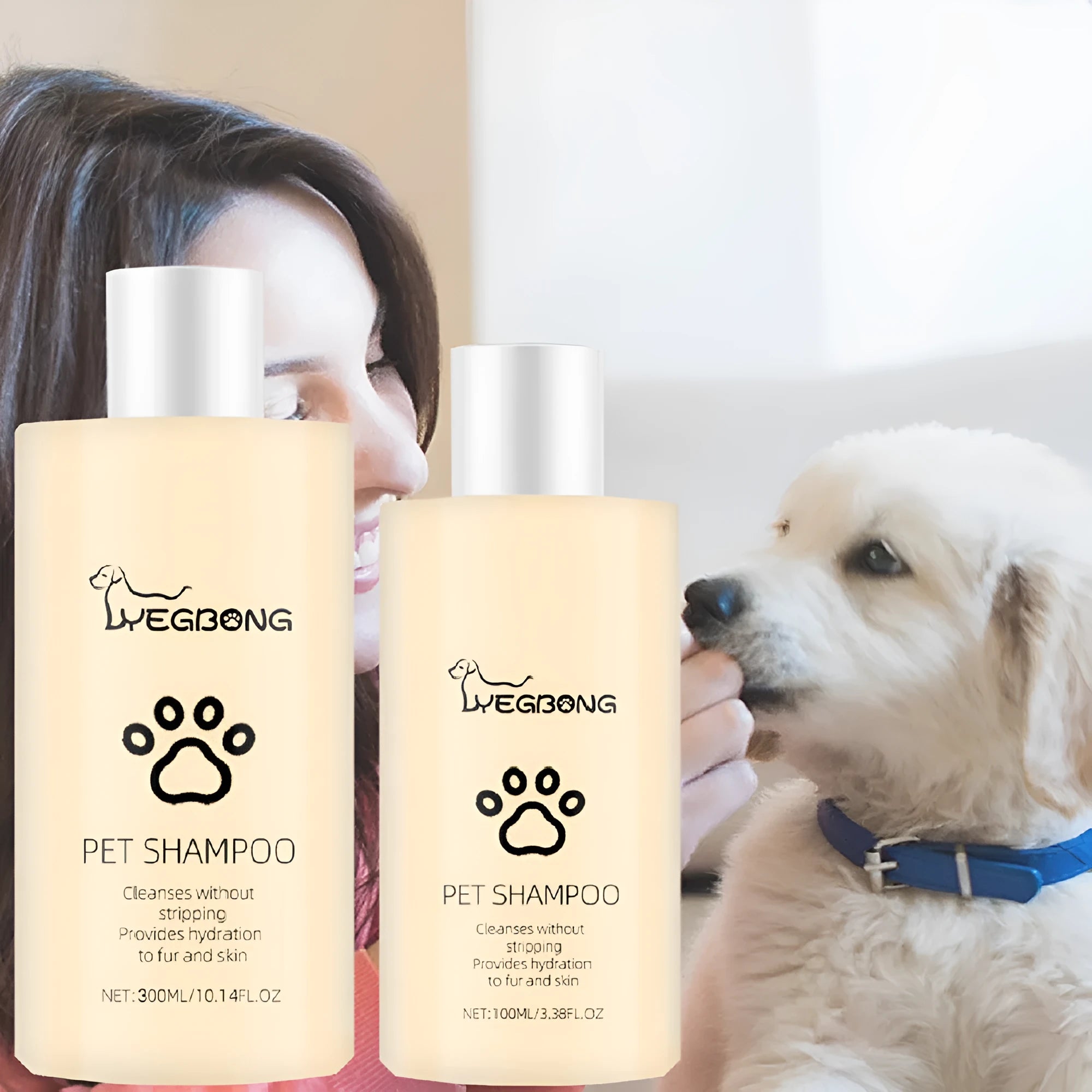 Mild pet shampoo bottle for dogs and cats in 100ml and 300ml sizes