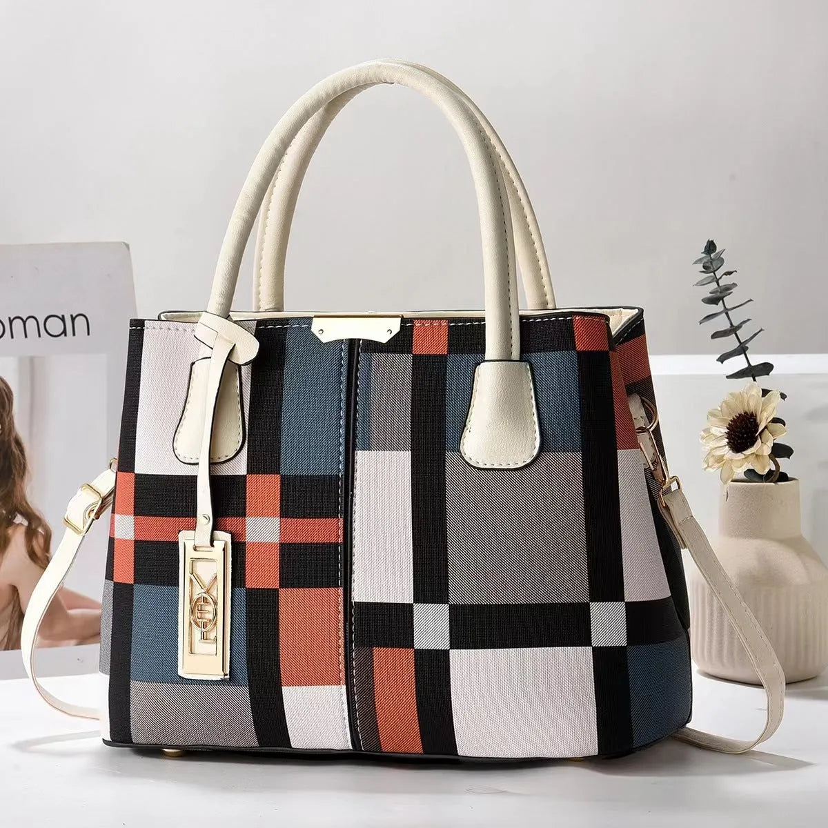Women's large capacity square shoulder bag in soft PU leather with leather strap