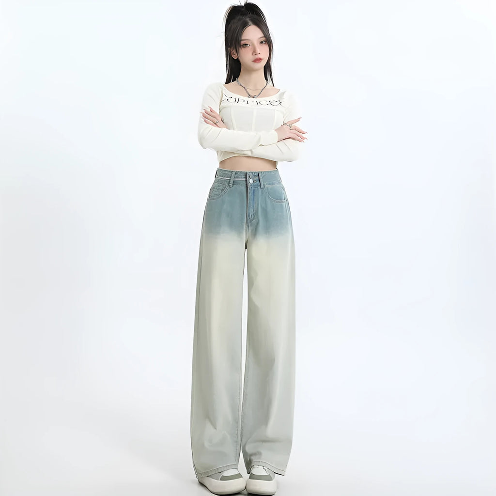 Women's gradient blue straight-leg denim trousers with wide leg cut in cotton blend fabric