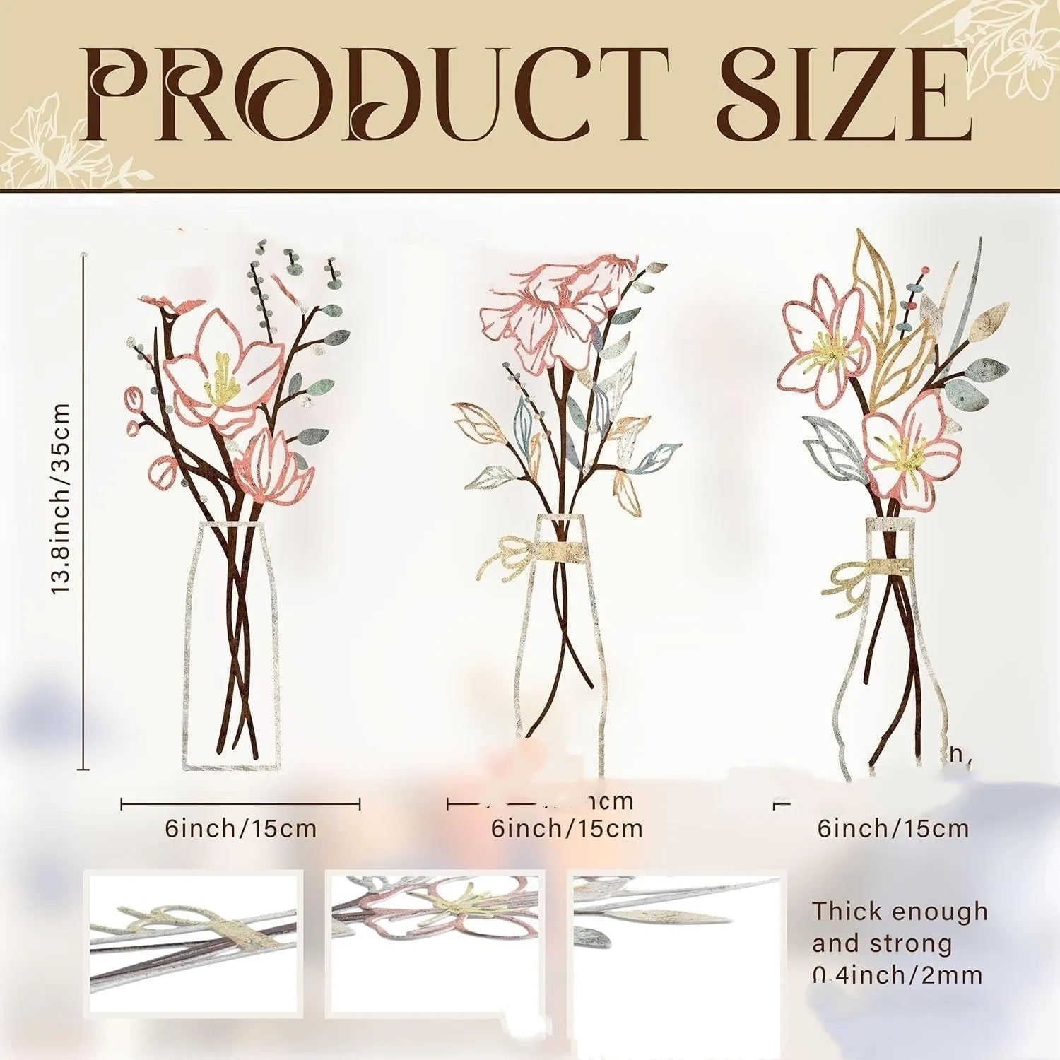 Set of three metal wall art decorations with flowers and coloured vases in modern farmhouse style.