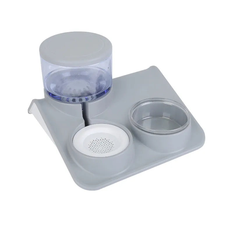 Pet feeder double bowl automatic drinking fountain in blue, grey and pink, 32cm by 30.5cm by 19.5cm