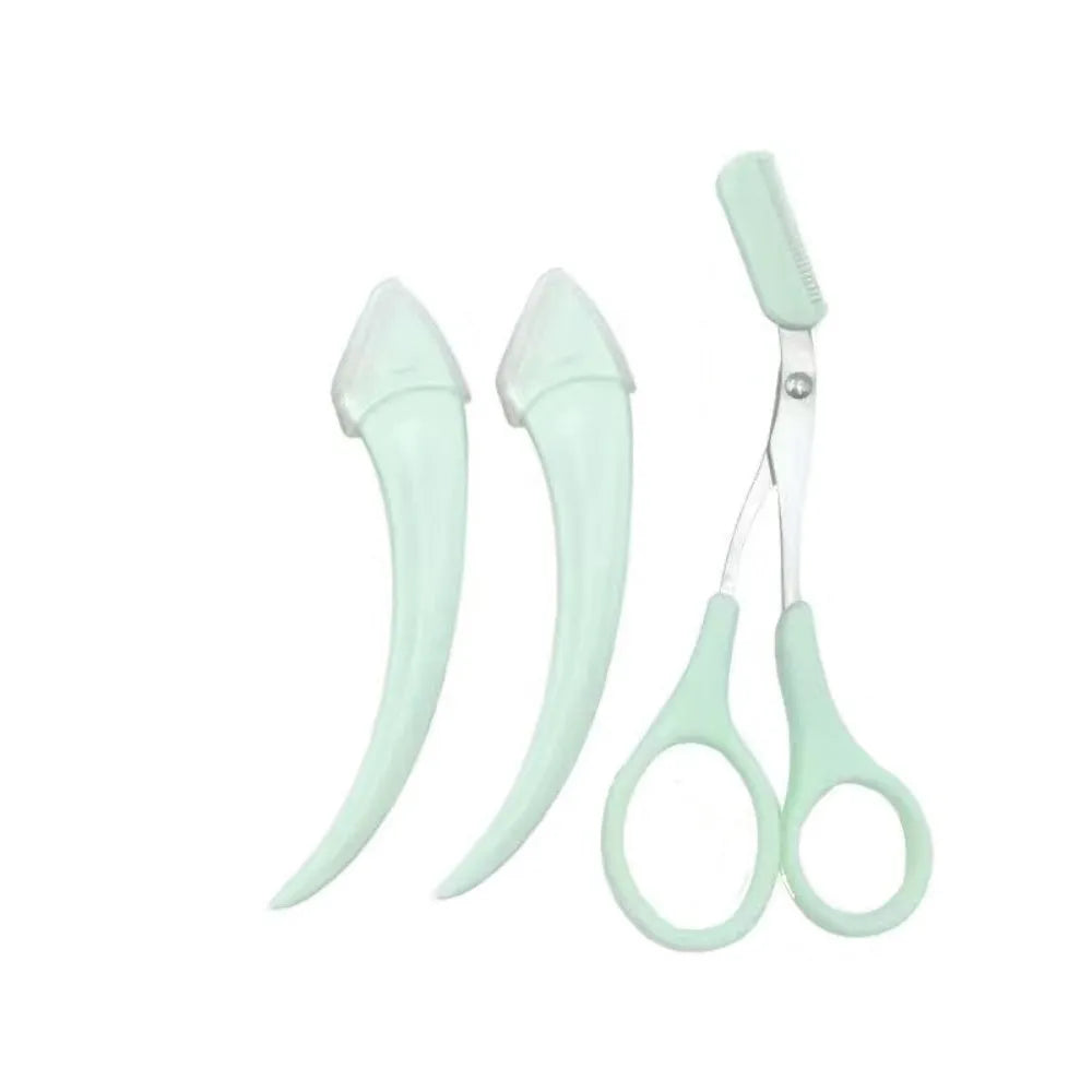 Curved moon eyebrow trimming knife with comb in white and pink colour options