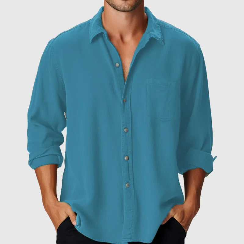 Men's loose-fit beach holiday shirt with stand collar and long sleeves in blue colour option
