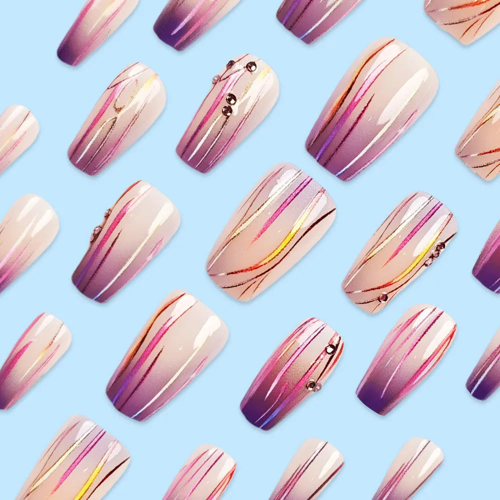 Magic purple gradient nail stickers with starry sky pattern and jelly glue for short ballet nails